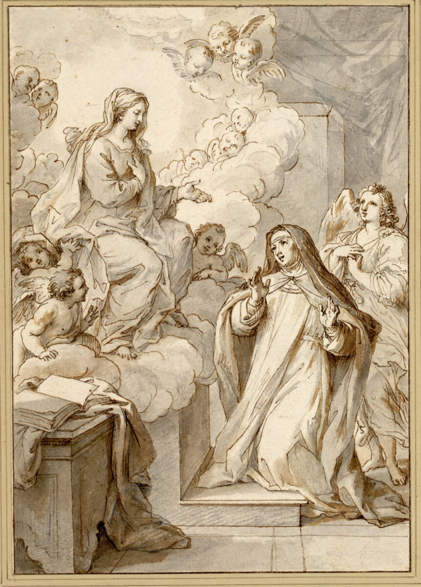 Maria erscheint einer heiligen Zisterzienserin (Luitgard von Tongern ?); hinter der Knienden ein Engel, Marco Benefial
