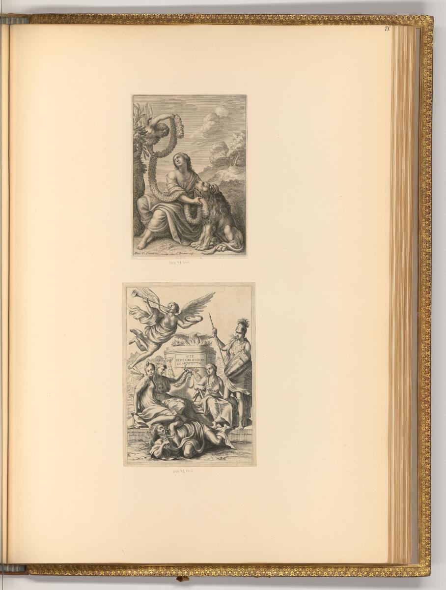 Cornelis Bloemaert, Frau mit Feston geschmückt, neben ihr ein Löwe; Allegorie auf die Malerei, …
