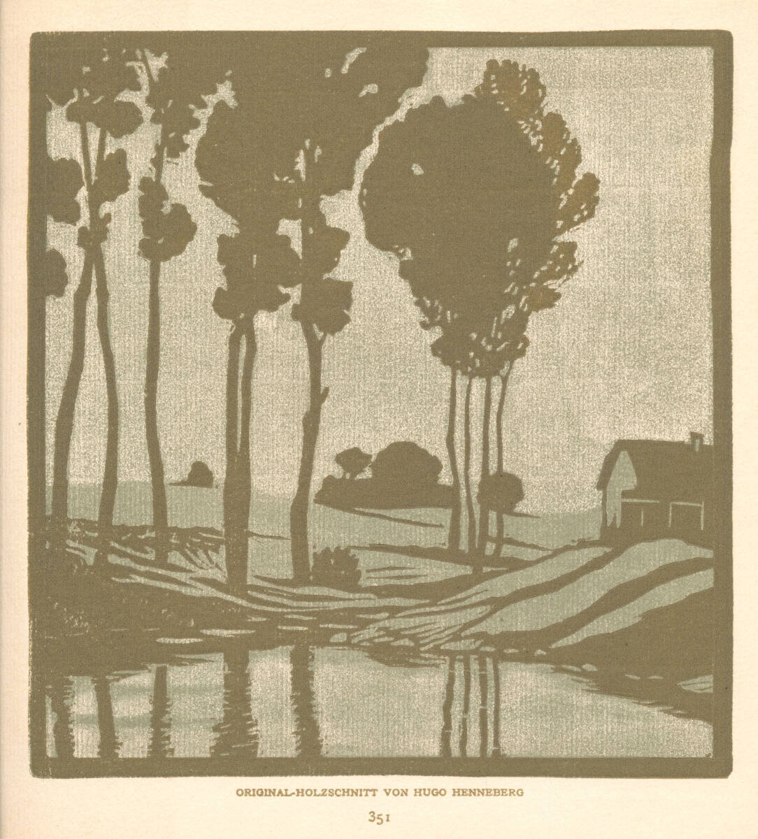 Aus der Serie Landschaften: Bäume und Haus an einem Teich, Hugo Henneberg, 1903