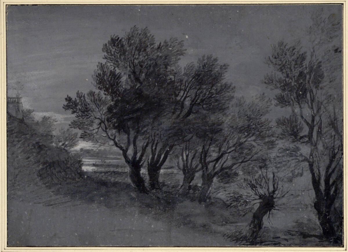 Pietro Locatelli, Lanfschaft mit Bäumen unter einem Hügel, auf dem links eine Terrasse mit Stei…