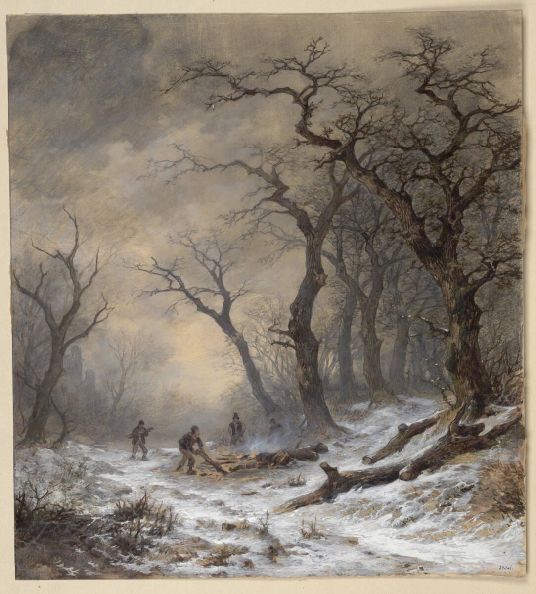 Remigius Adrianus van  Haanen, Winterlandschaft mit Holzfällern um ein Feuer, Inv. Nr.: 29041