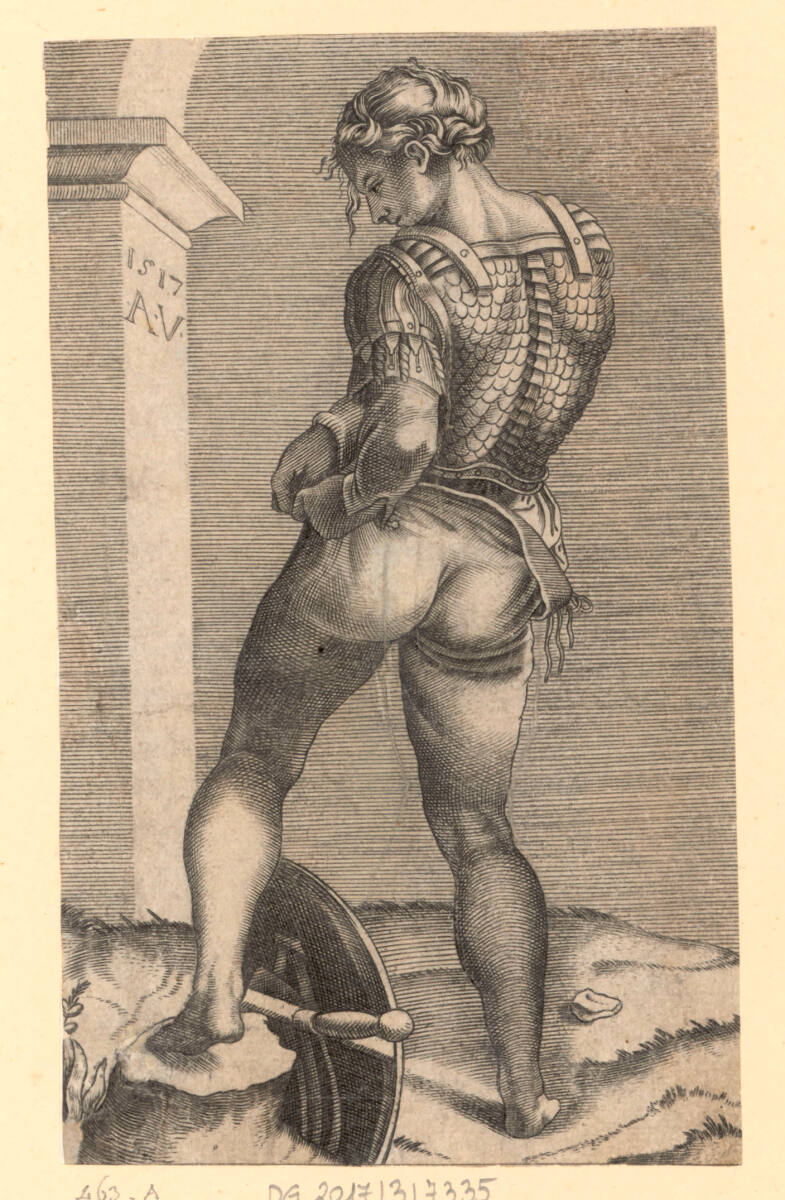 Ein Soldat befestigt seine Hose, 1517