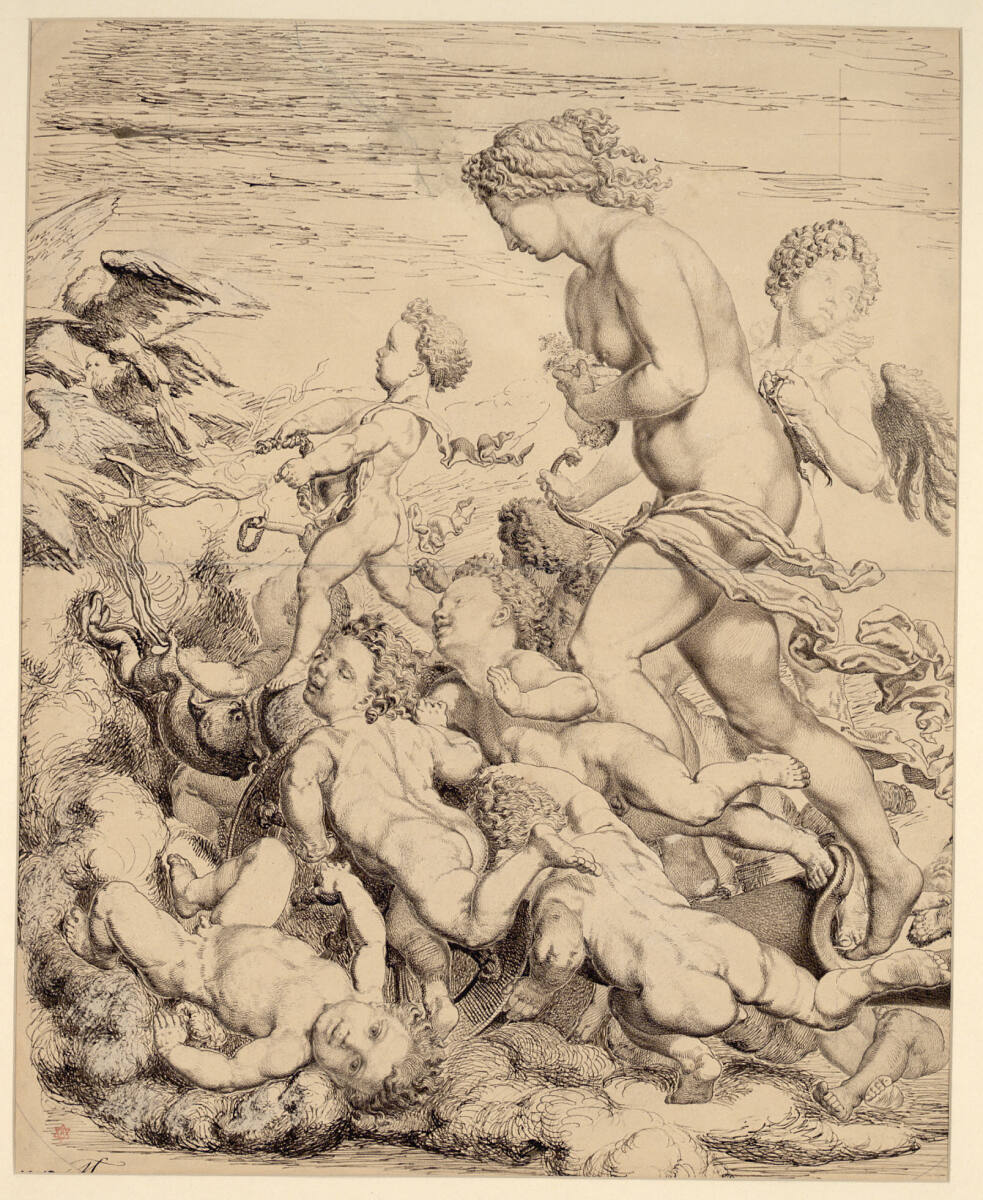 Venus und Amor mit Putten in einem von Tauben durch Wolken gezogenen Wagen, Teutwart Schmitson