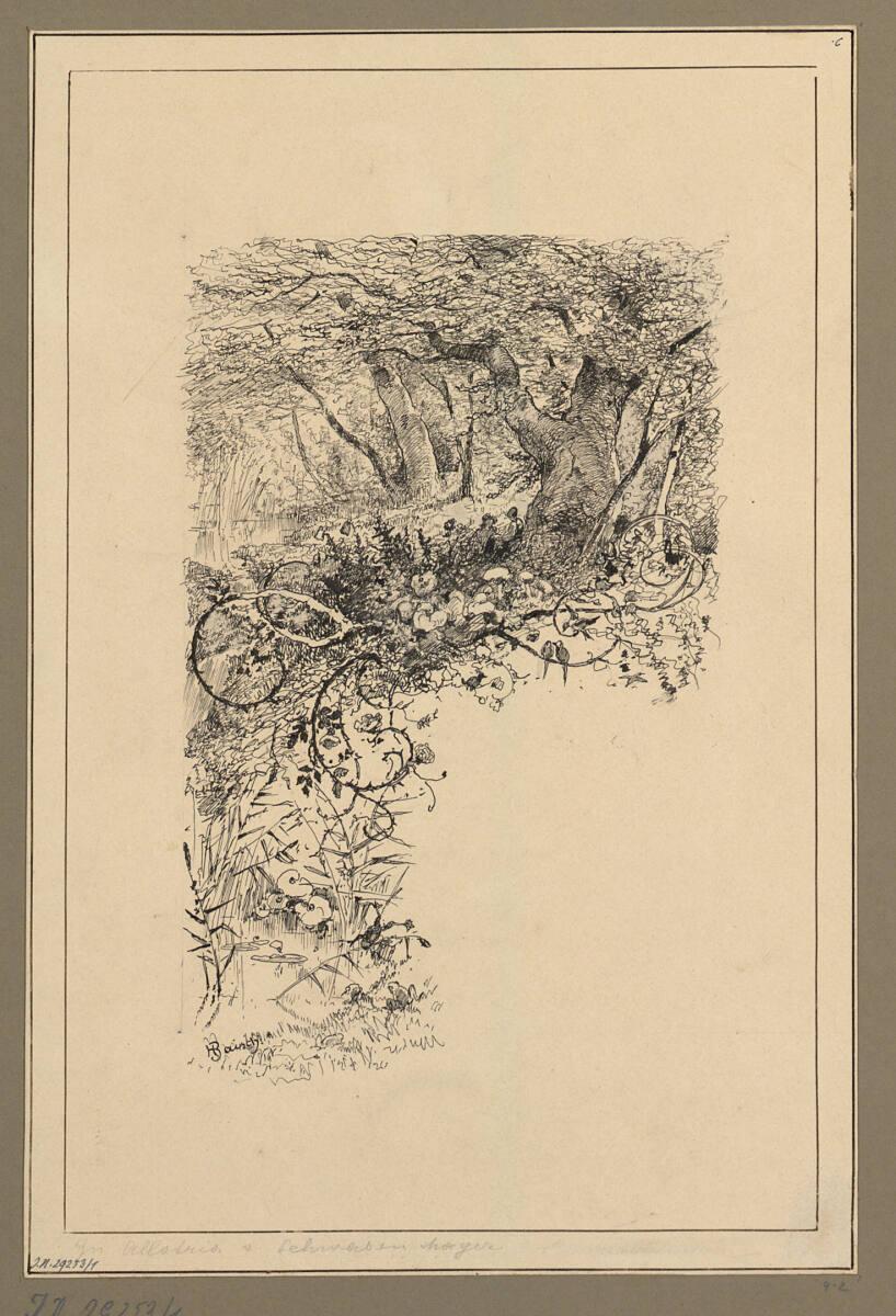 Hermann Baisch, Randillustration: Waldlandschaft mit Figurenpaar unter einer Eiche am Weiher, I…