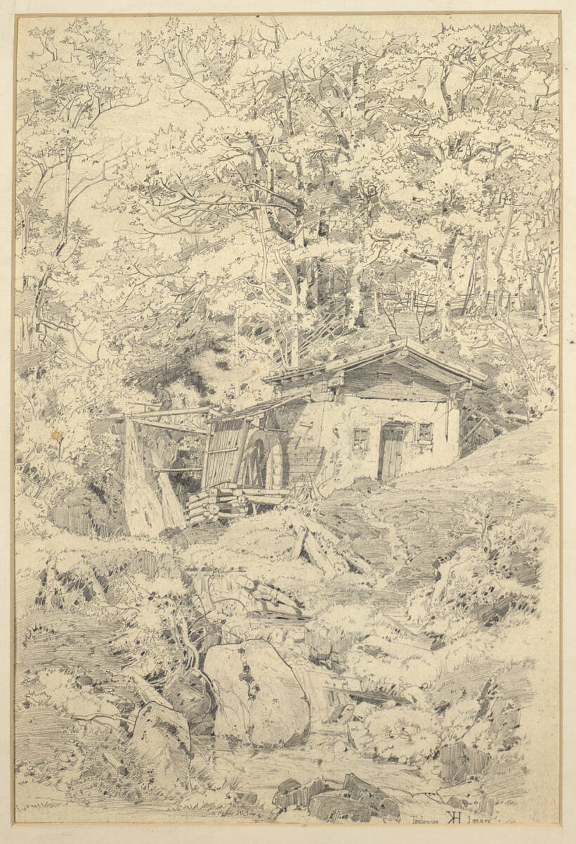 Wassermühle am Waldrand über steinigem Bachbett, Karl Hagemeister, 1873