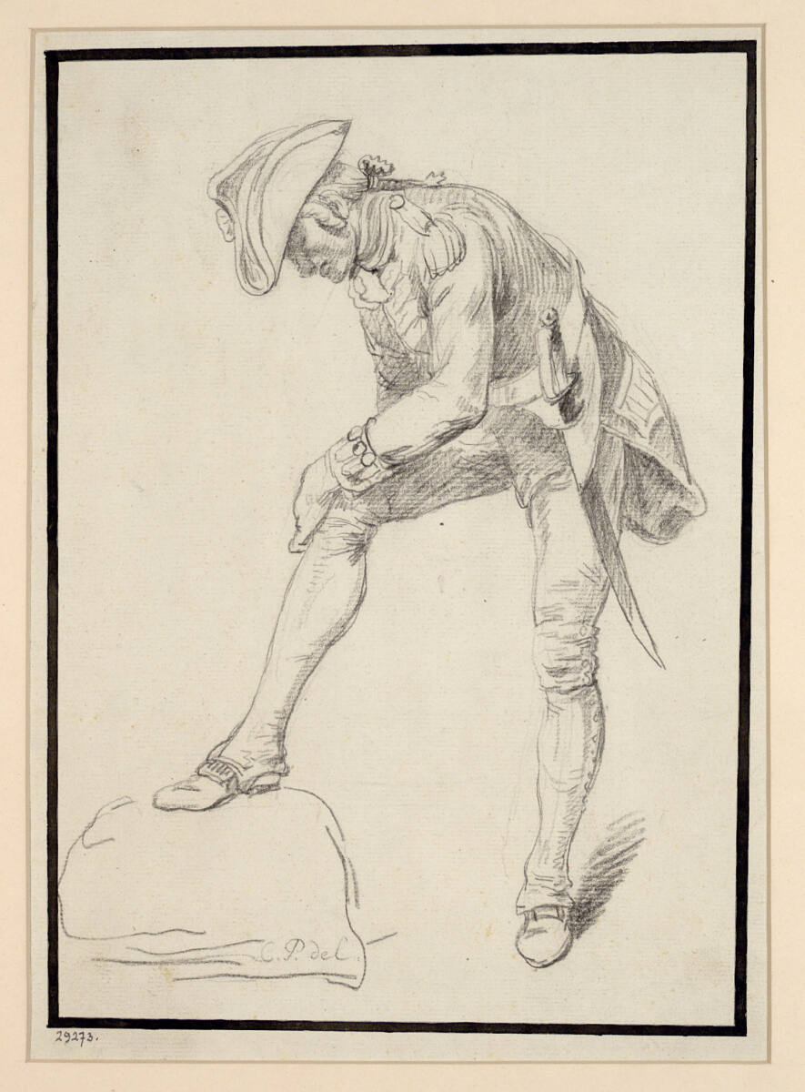 Ein Soldat knüpft eine Gamasche zu, Charles Parrocel