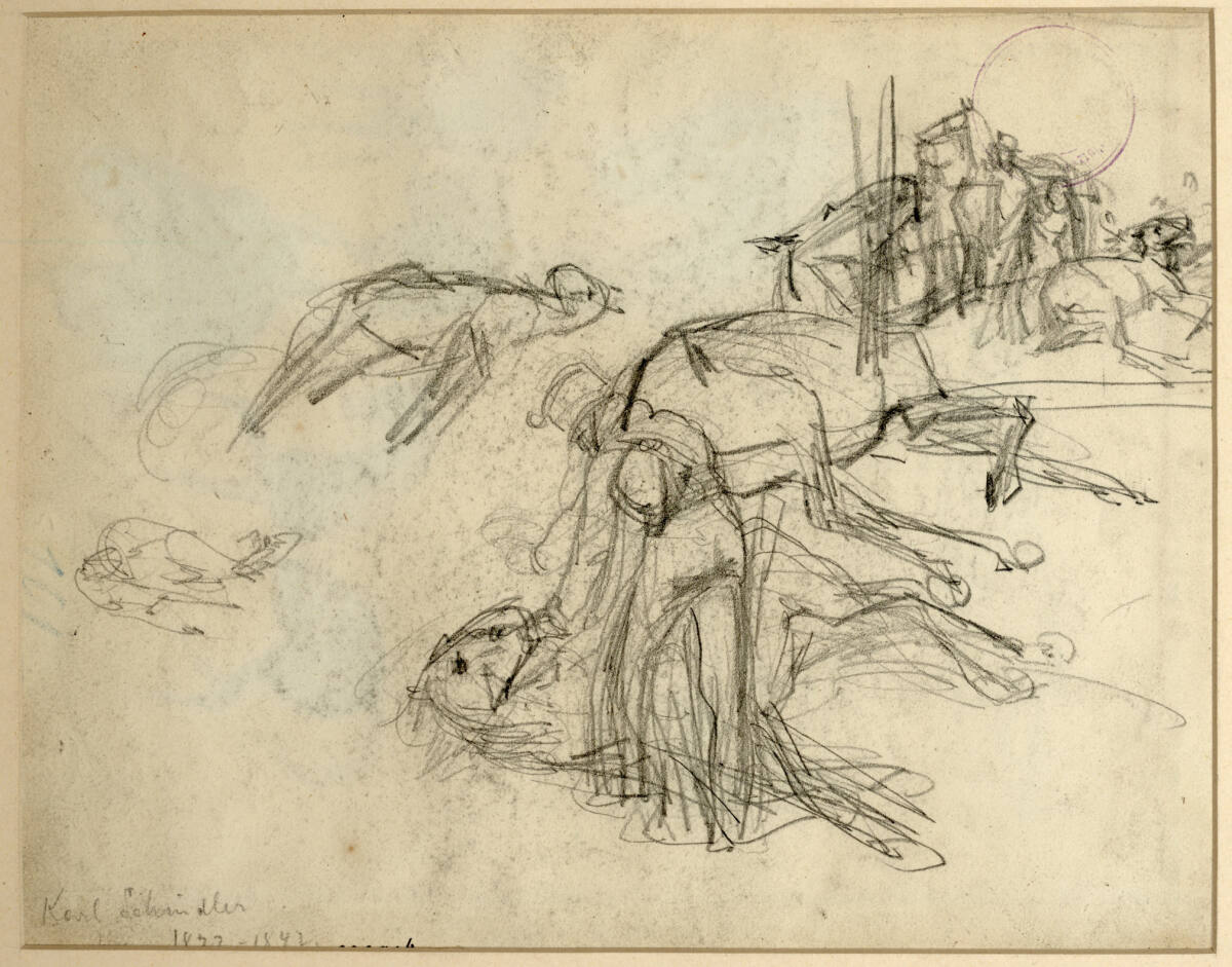 Tote Pferde, Soldat und zwei Personen mit Pferd im Hintergrund, Carl Schindler, 1838–1842