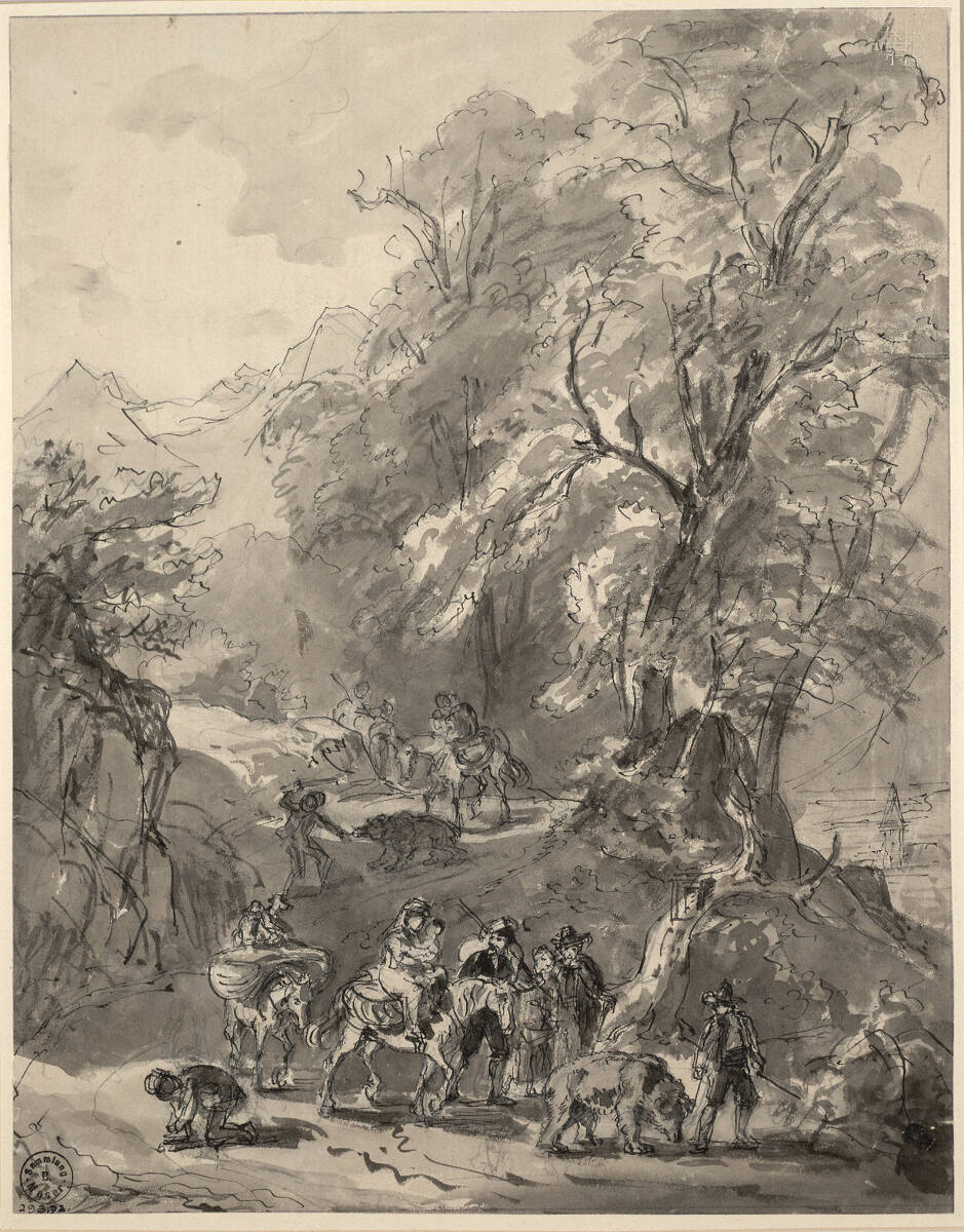 Gruppe von Menschen zu Pferde und zu Fuß, zieht mit Bären über das Gebirge; im Hintergrund Tal mit Kirche, Franz Reinhold