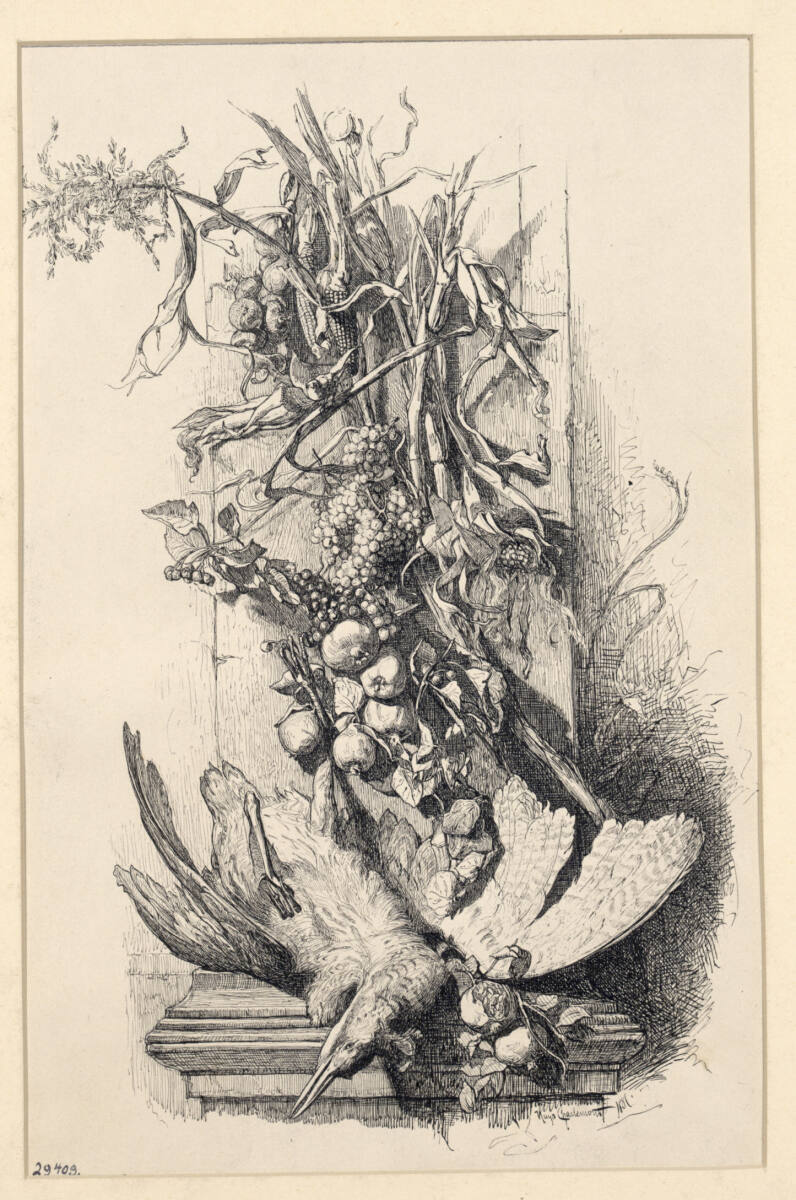 Stillleben mit Früchten und Vogel, Hugo Charlemont, 1881