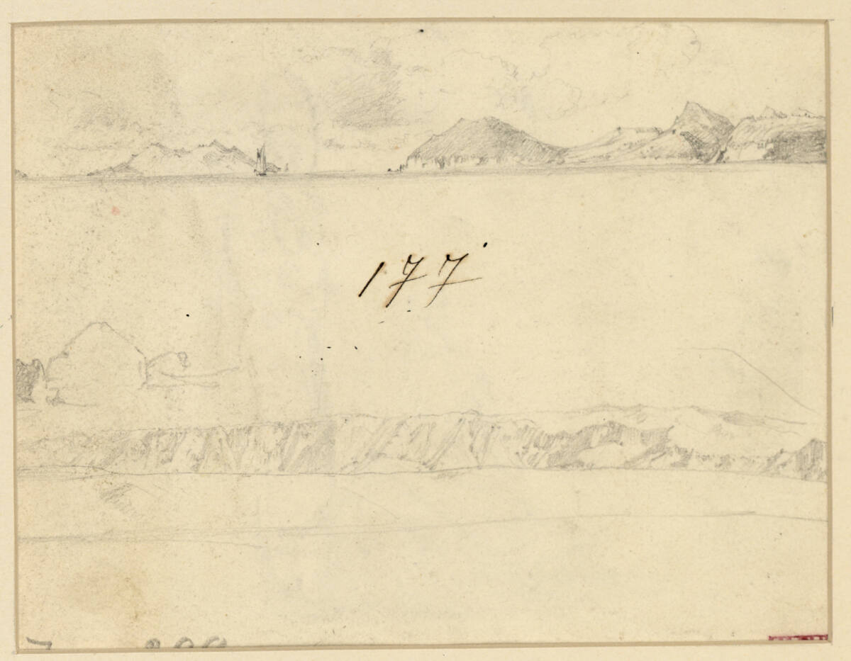 Uferlandschaft mit Segelboot, Rudolf von Alt, 1840