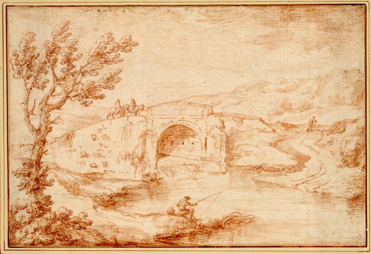 Paolo Anesi, Zwei Männer reiten über eine Steinbrücke in einer hügeligen Landschaft; rechts auf…