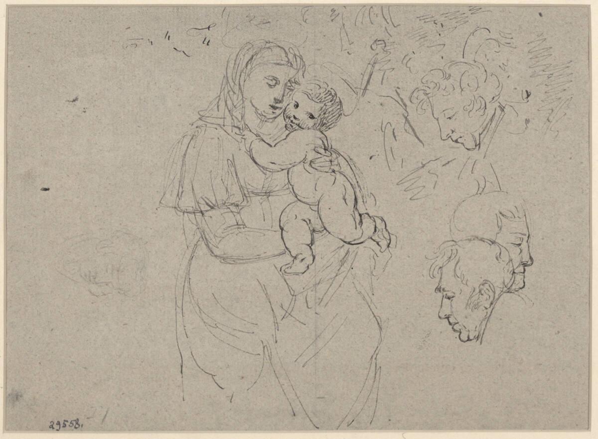 Johann Evangelist Scheffer von Leonhartshoff, Madonna mit Kind und Kopfstudien, Inv. Nr.: 29558