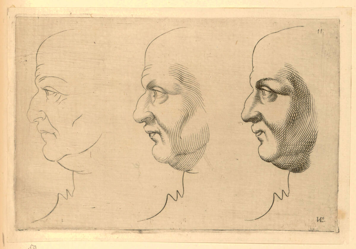 Seite 11 in "I primi elementi del disegno in gratia de i principanti nell' arte della pittura": Drei Profile eines männlichen Gesichts, Giovanni Valesio, 1606–1616