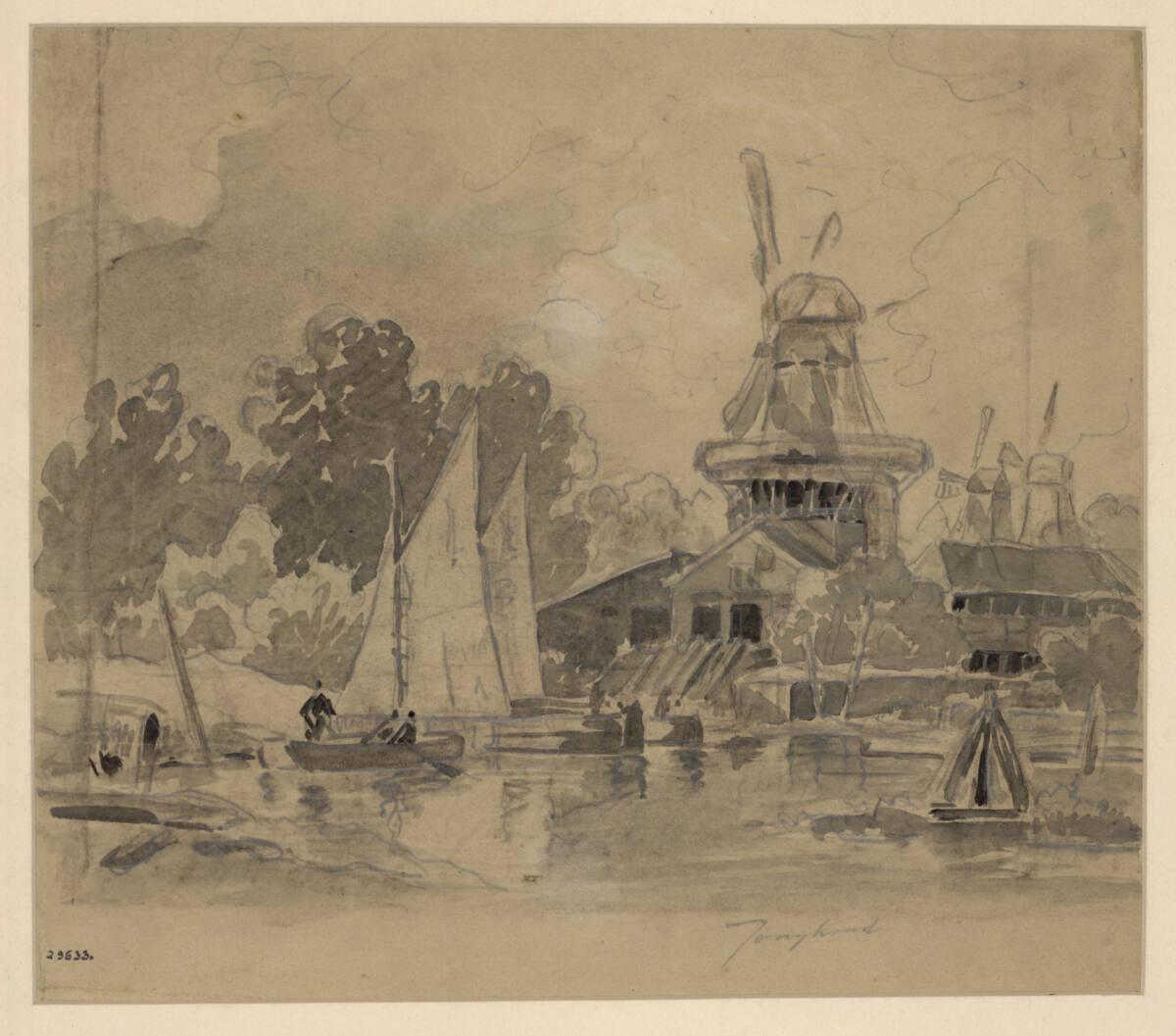 Johan Barthold Jongkind, Holländische Uferlandschaft, mit Windmühlen und Booten, Inv. Nr.: 2963…