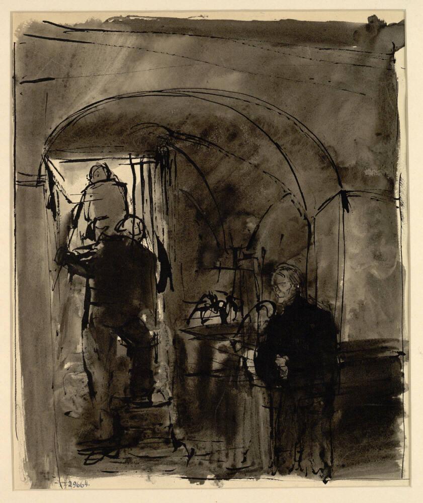 Franz Hofer, Interieur mit rechts Pfarrer und zwei Personen auf der Stiege, Inv. Nr.: 29664