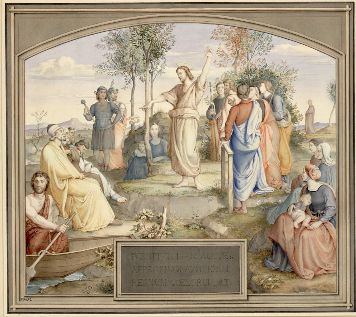 Ferdinand Olivier, Predigt Johannes des Täufers, in illusionistischem gotischen Rahmen, Inv. Nr…
