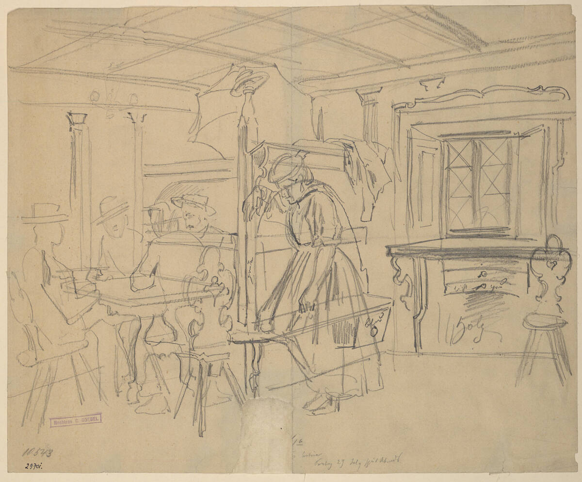 Inneres einer Bauernstube mit vier Männern am Tisch und einer daneben stehenden Bäuerin, Carl Goebel