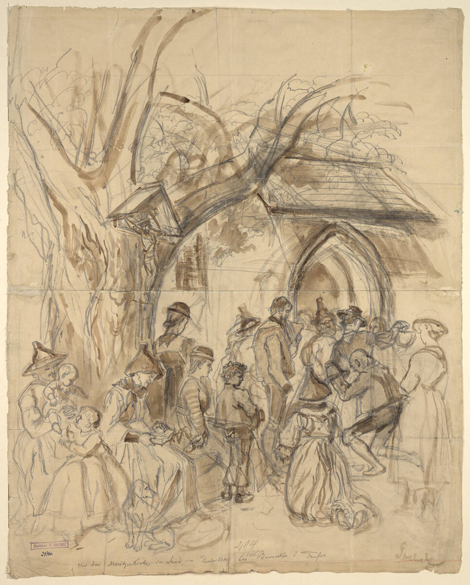 Vor der Moritzenkirche in Sand im Pusztatal; Gruppe von Bauern, Carl Goebel