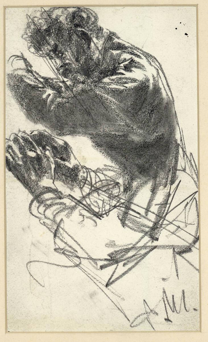 Adolf Friedrich Erdmann Menzel, Verworfene Figurenstudie eines Dirigenten (?) und Händestudie, …
