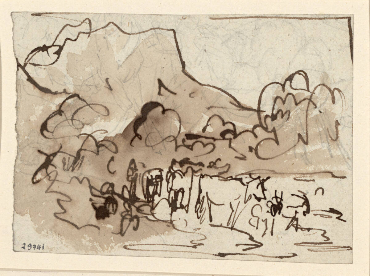 Kühe und Ziegen durchziehen einen Gebirgsfluss, Friedrich Gauermann
