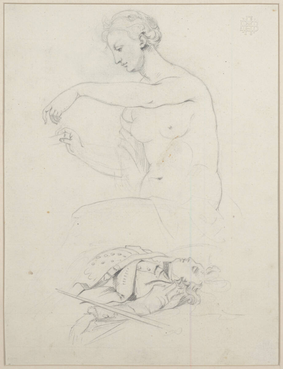 Skizzenblatt mit weiblichem Halbakt und liegendem Soldaten, Johann Peter Krafft