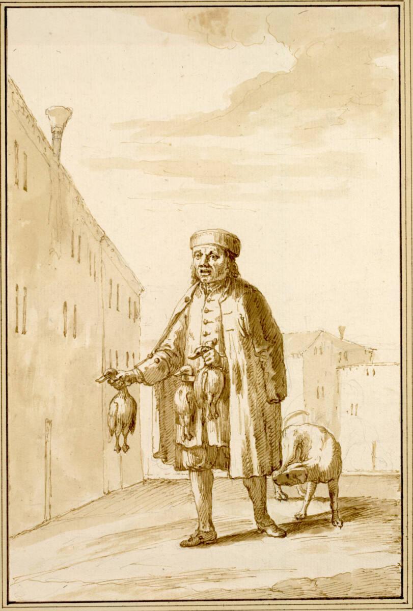 Giovanni Battista Jacoboni, Verkäufer, durch eine Gasse nach links vorne schreitend, bietet dre…