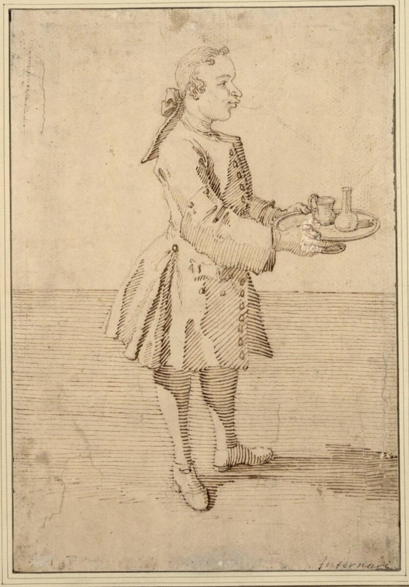Giov. Battista Internari, Ein jugendlicher Diener, nach rechts stehend, hält ein Servierbrett, …