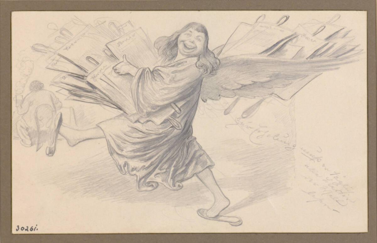 Ernst Juch, Humoristische Postkarte: Zeitungsengel eilt zu sitzenden Mann in Rückenansicht, Inv…