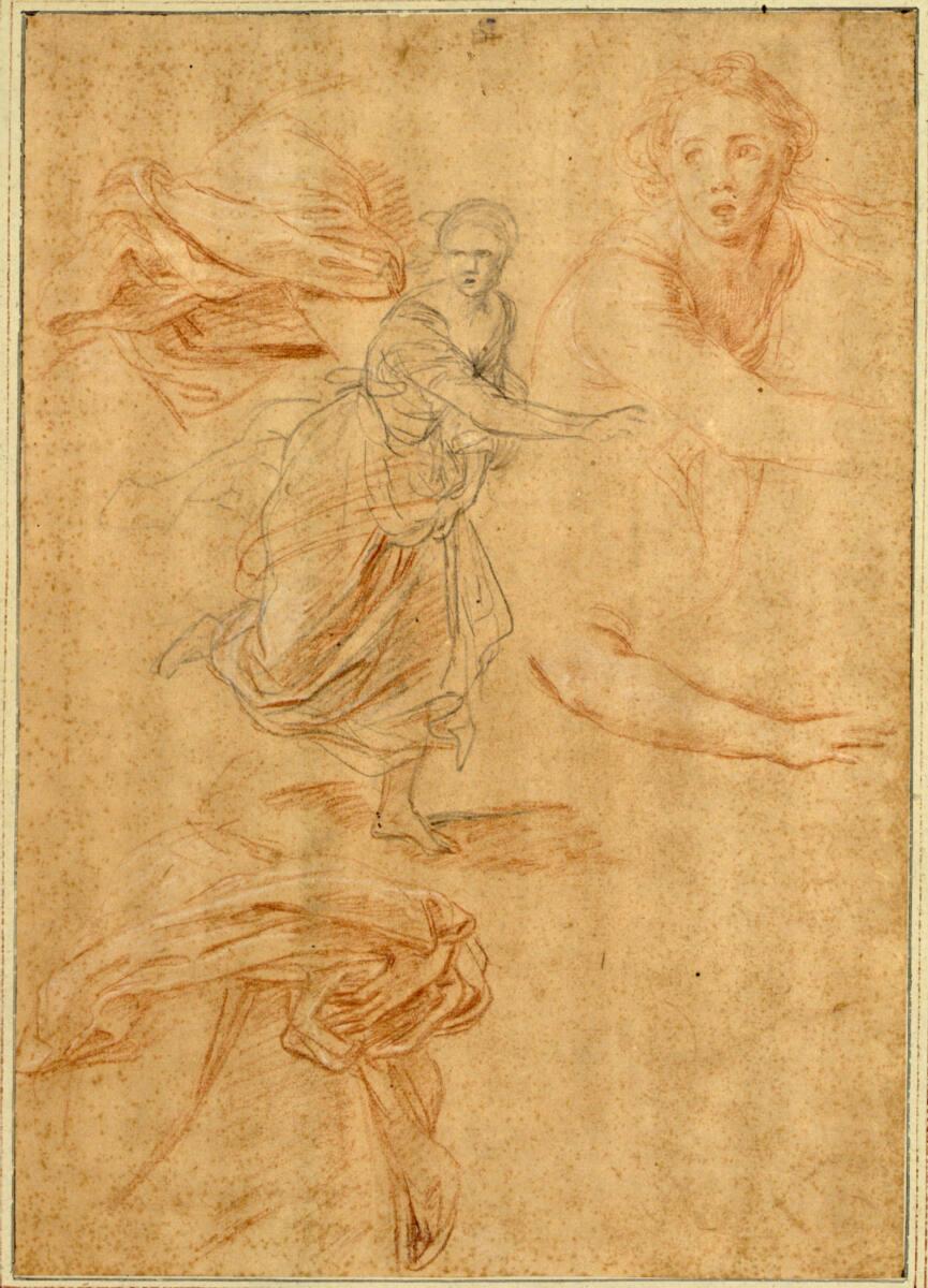 Pompeo Girolamo Batoni, Skizzenblatt. (Im Zentrum eine nach rechts laufende weibliche Figur; re…