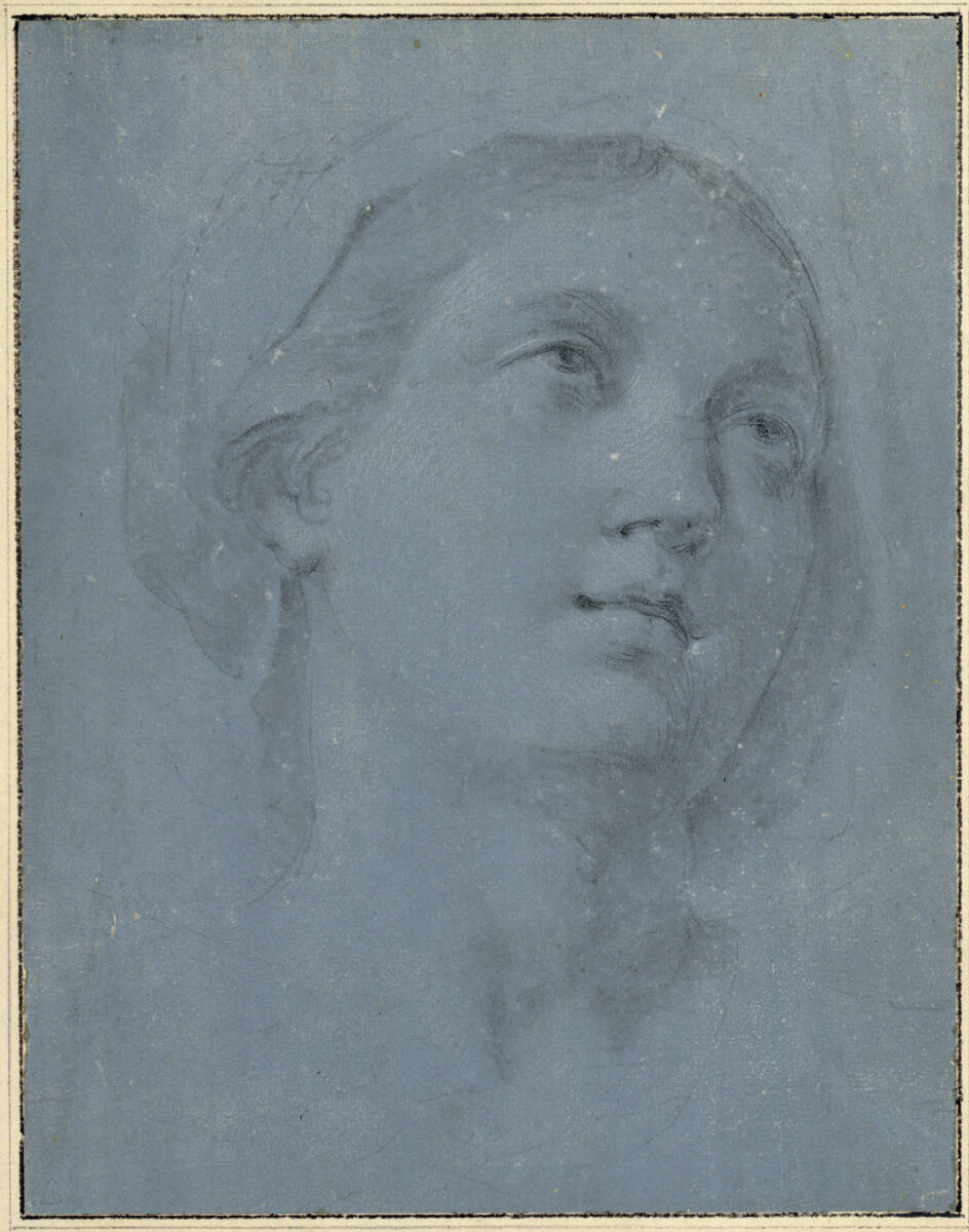 Kopf einer nach rechts aufblickenden jungen Frau; um das Haar ist ein Tuch geschlungen, Pompeo Batoni