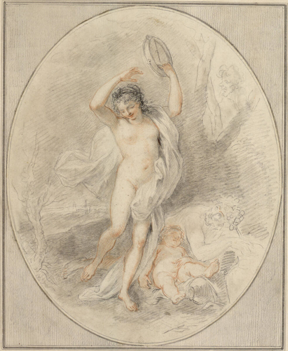 Euphrosyne tanzt, ein Tamburin in der erhobenen Linken. (Ein Erote schlummert neben ihr am Boden; daneben liegt ein Satyr, einen Becher Wein in der Hand, der sie beobachtet; in der Baumgabel ein Profil nach li. (steh. Oval)), Giovanni Battista Cipriani