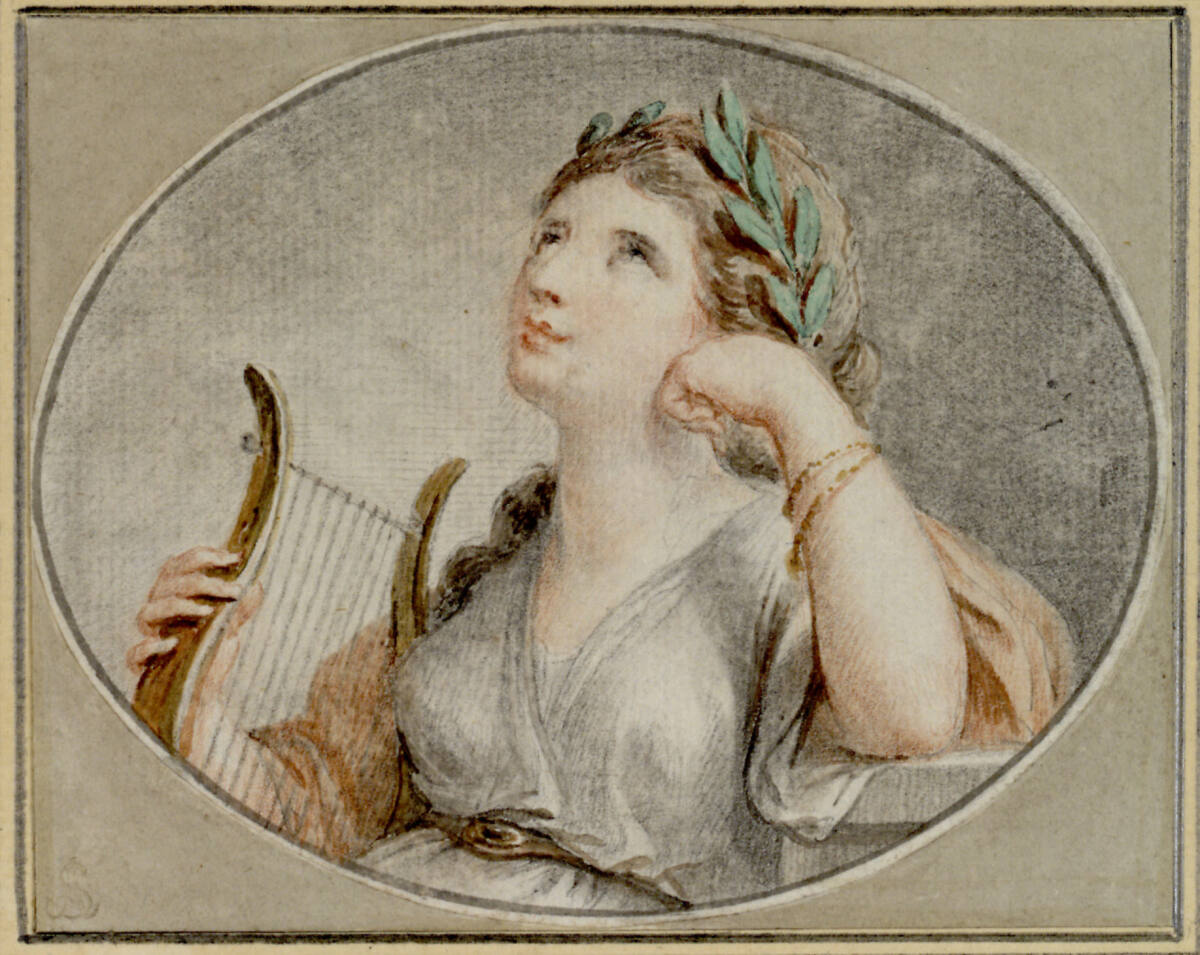 Die Dichtkunst. (Die mit Lorbeer bekränzte Poesie in Halbfigur halb nach links, nachdenklich den Kopf auf die Linke gestützt, blickt verklärt empor; in ihrer Rechten hält sie eine Lyra (liegendes Oval)), Giovanni Battista Cipriani