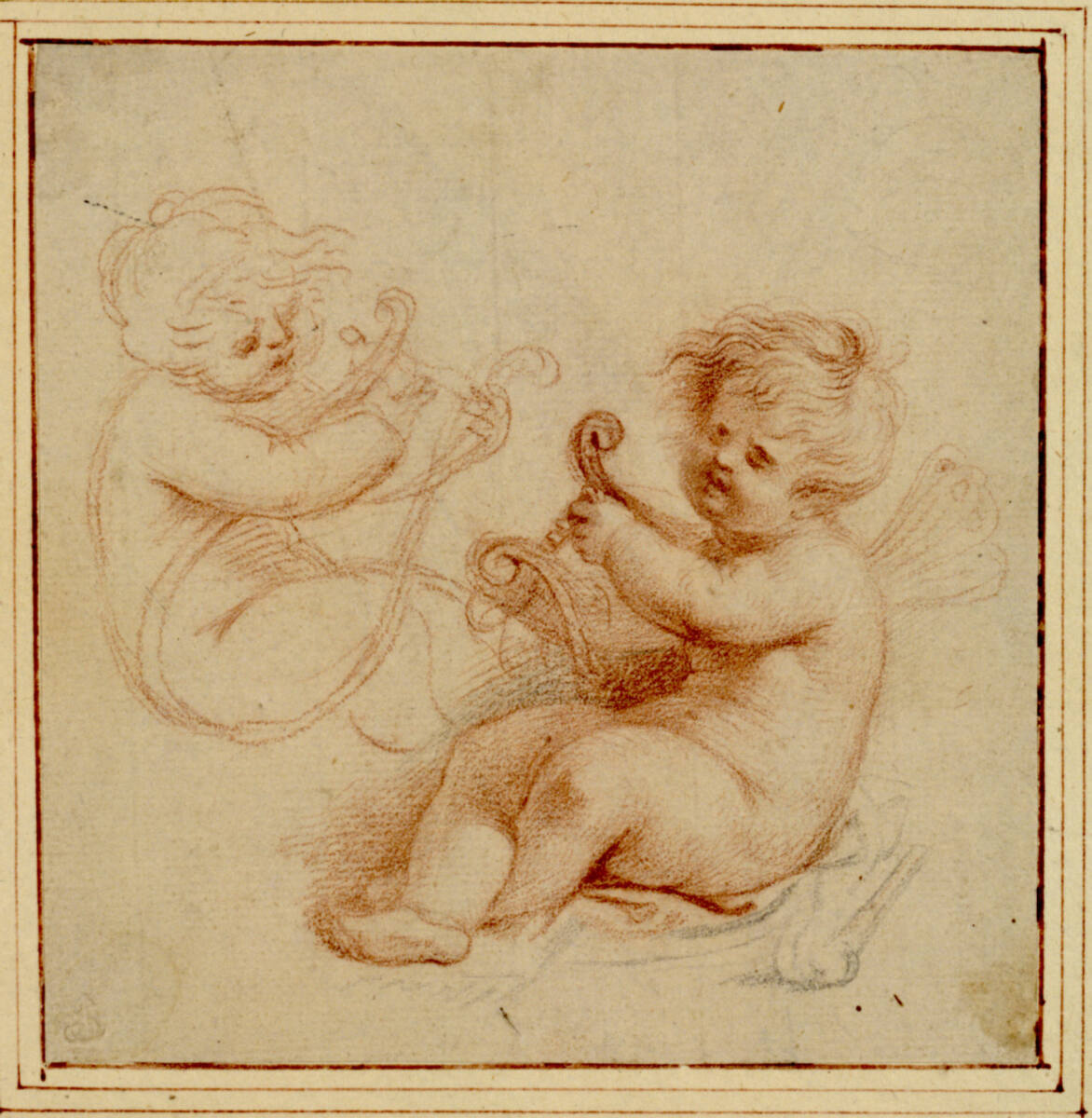 Zwei Eroten, einander zugewandt am Boden sitzend, spielen die Lyra, Giovanni Battista Cipriani