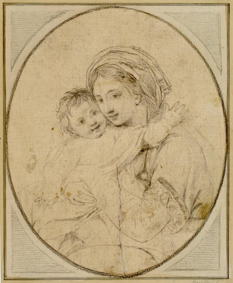 Francesco Bartolozzi, Die Madonna in Halbfigur halb nach links drückt das Kind mit beiden Armen…