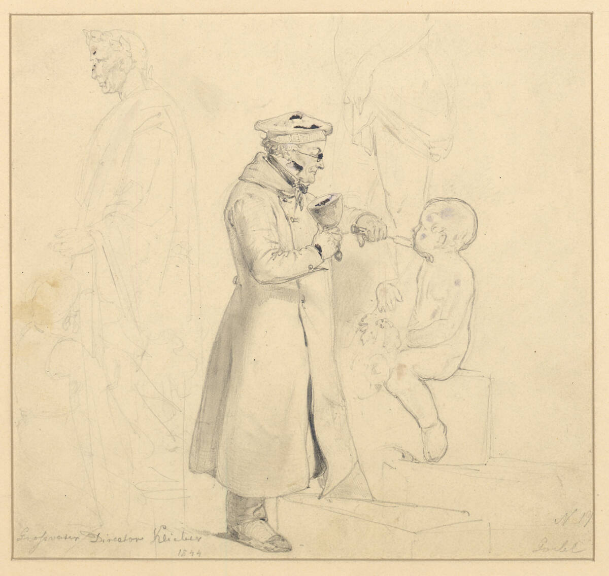 Der Bildhauer Klieber an einem Putto arbeitend, zwei weitere Studien von Skulpturen, Carl Goebel, 1844
