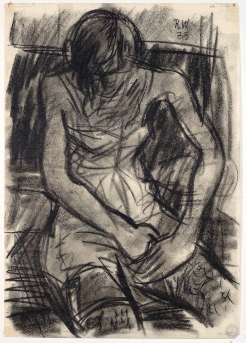 Beim Anziehen: sitzendes halbbekleidetes Mädchen, das sich den Strumpf befestigt, Rudolf Wacker, 1933