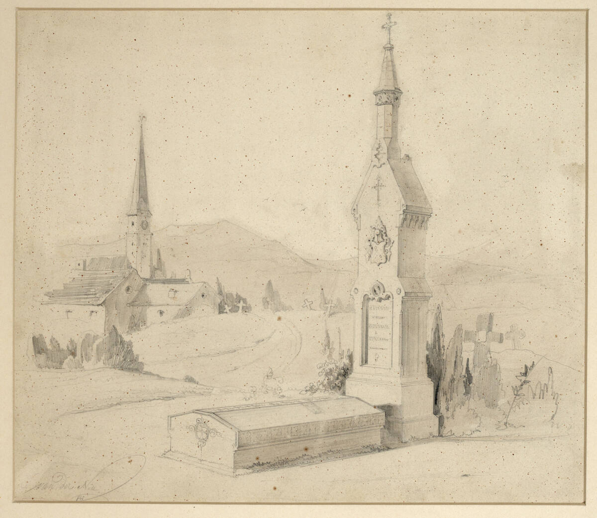 Blick auf ein Gebirgsdorf mit Kirche, Eduard van der Nüll, 1845