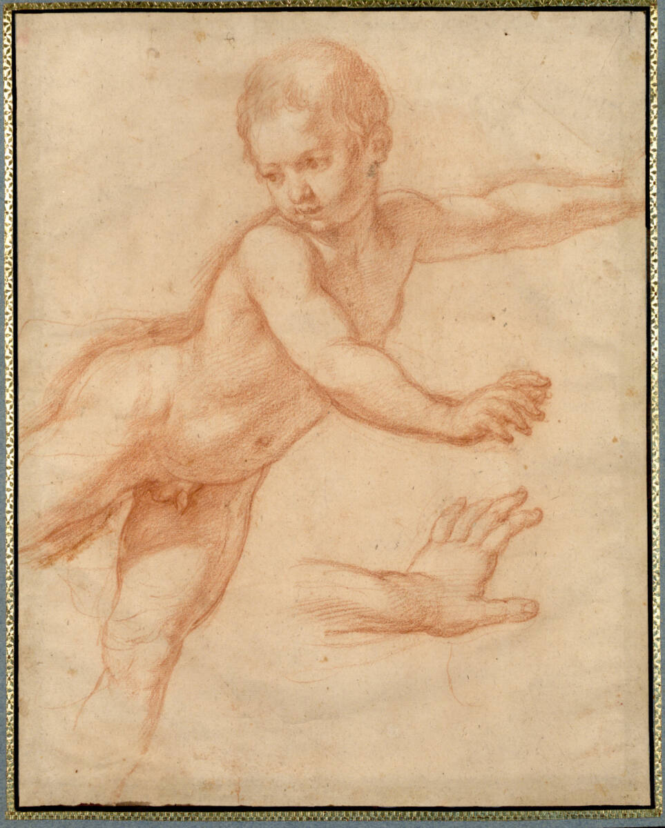 Studienblatt. Schwebender Knabenakt; die linke Hand gesondert vergrößert, Domenichino