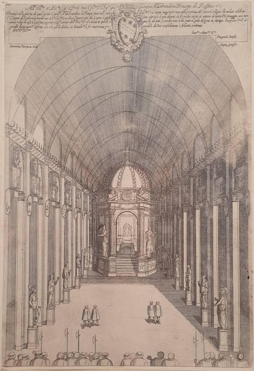Begräbnisfeier mit Trauergerüst für Kardinal Pietro Aldobrandini in der Kirche Santa Maria sopr…