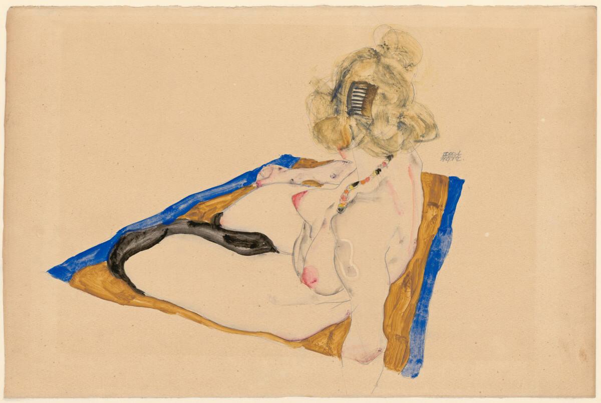 Egon Schiele, Blondes Aktmodell auf einem braunen Tuch sitzend, Inv. Nr.: 31177