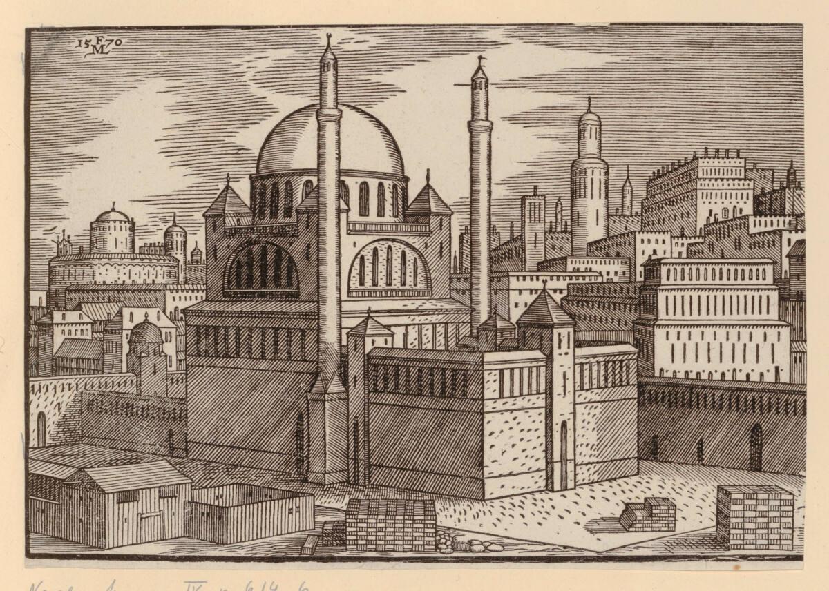 Melchior Lorch, Eine Moschee mit zwei Türmen, links dahinter Paläste mit Türmen, Inv. Nr.: DG19…