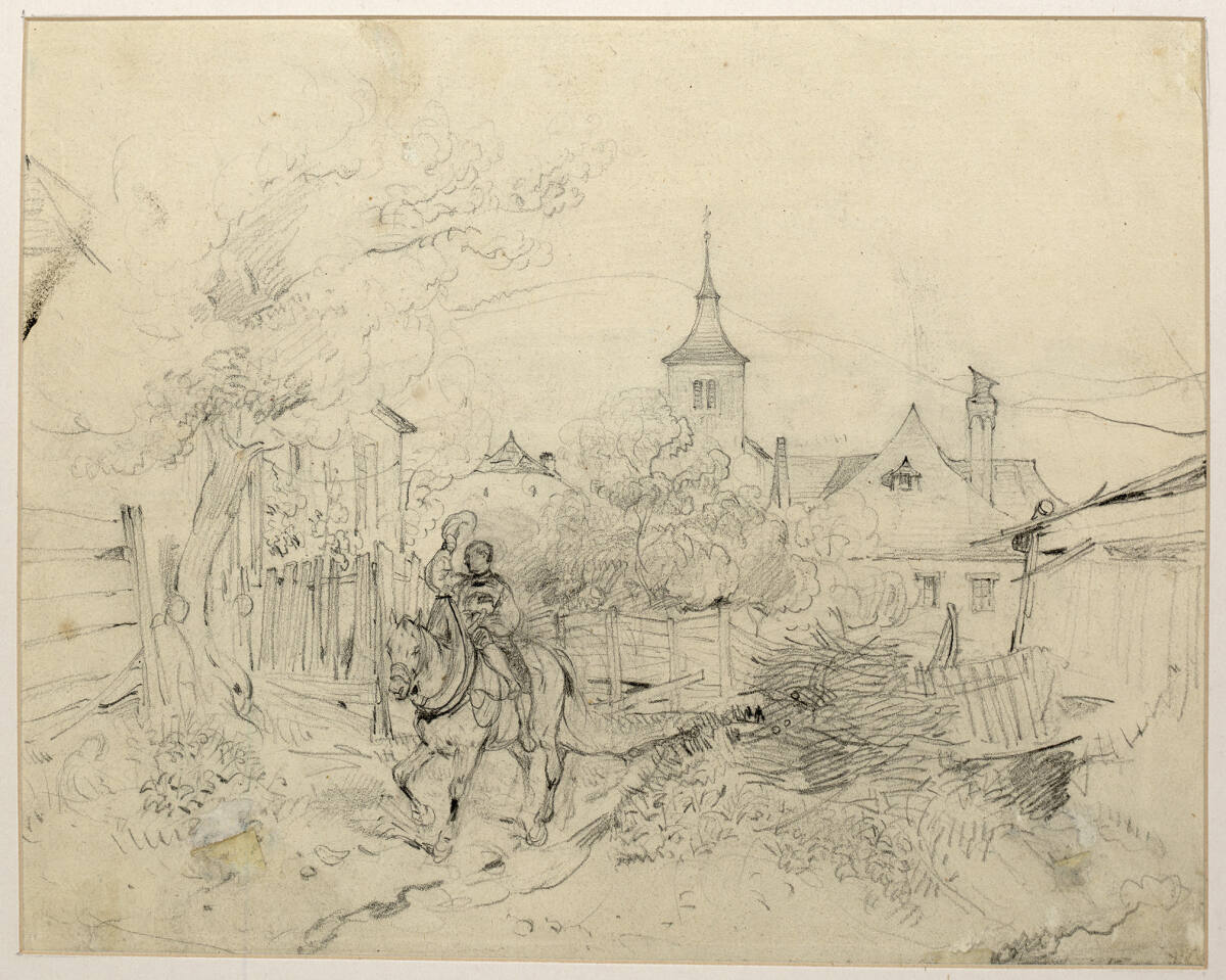 Berittener im Dorf grüßend, Carl Schindler, 1838–1842