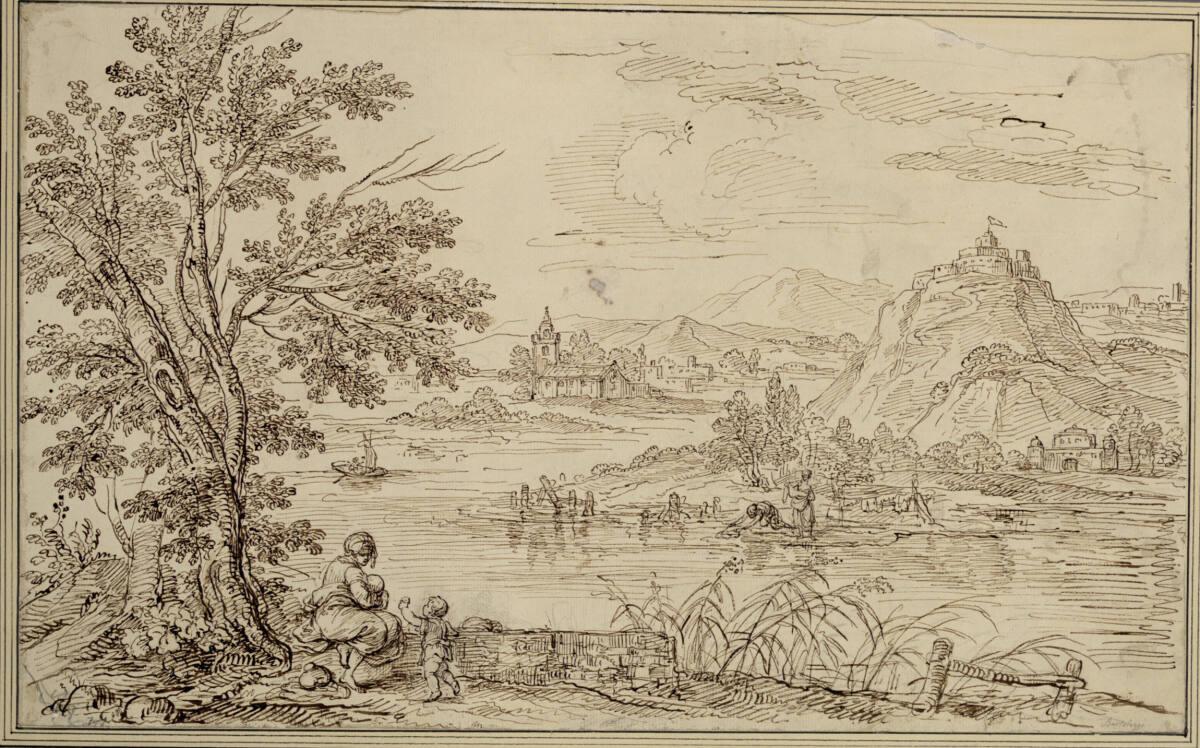 Francesco Bartolozzi, Flußlandschaft mit Bergen und Bauten auf den Anhöhen. (Links vorne eine M…