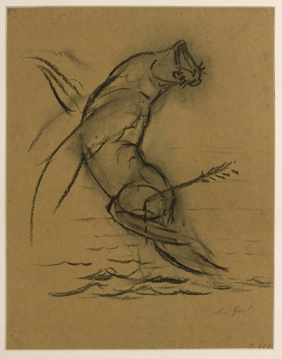 Mit einem Pfeil angeschossener Seehund (Cah.), der sich aus dem Wasser mit einem Sprung aufbäumt, August Gaul, 19th century