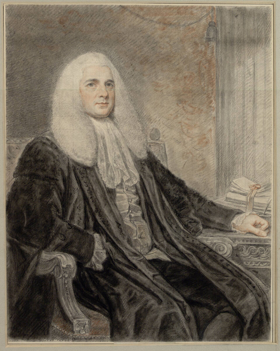 James Mingay, the King's Counsel im schwarzen Talar und großer Perücke, nach rechts sitzend, George Romney