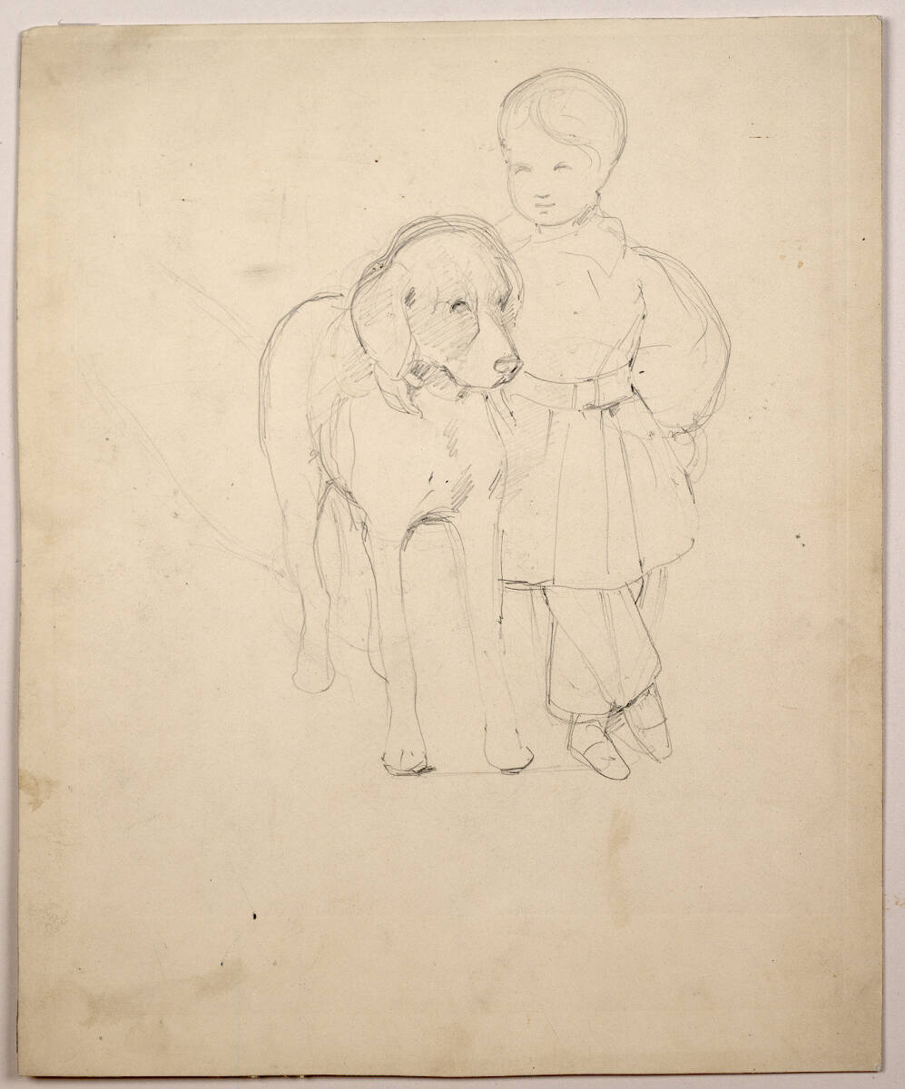 Kleiner Knabe mit überkreuzten Beinen stehend, an einem rechts von ihm stehenden Hund lehnend, Josef Kriehuber