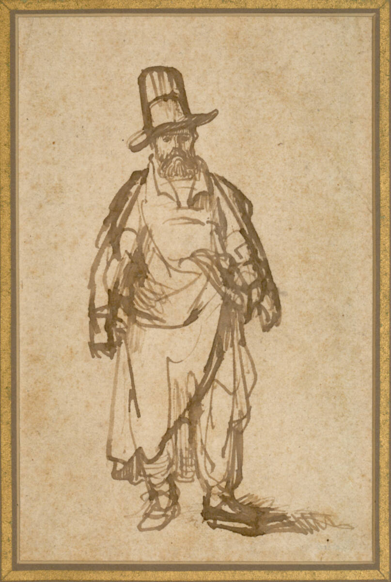 Bärtiger Mann mit Mantel und hohem Hut