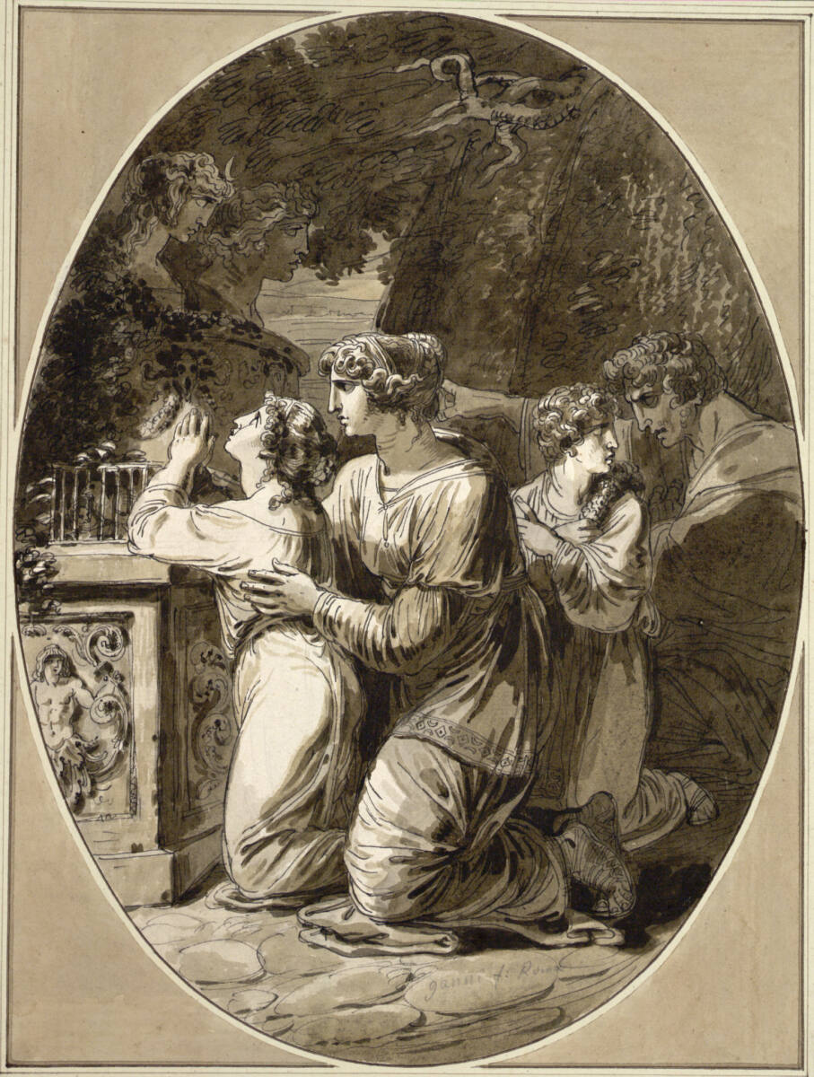 Ein Elternpaar mit einem Knaben und einem Mädchen opfern Apollo und Diana Tauben, Felice Giani
