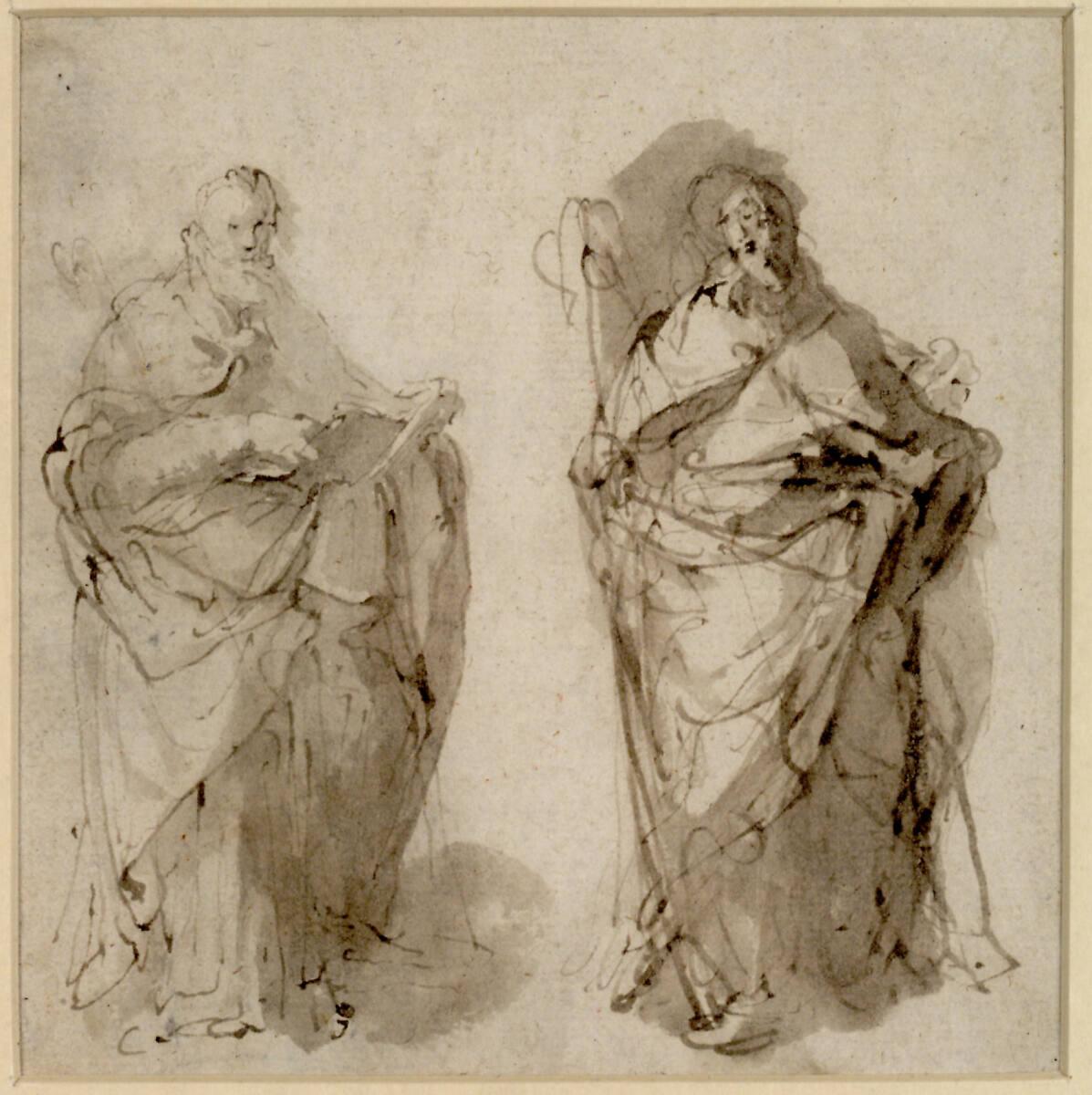 Figurenstudien; zwei männliche Figuren in Gewändern mit reichem Faltenwurf und Bischofsstab, In…