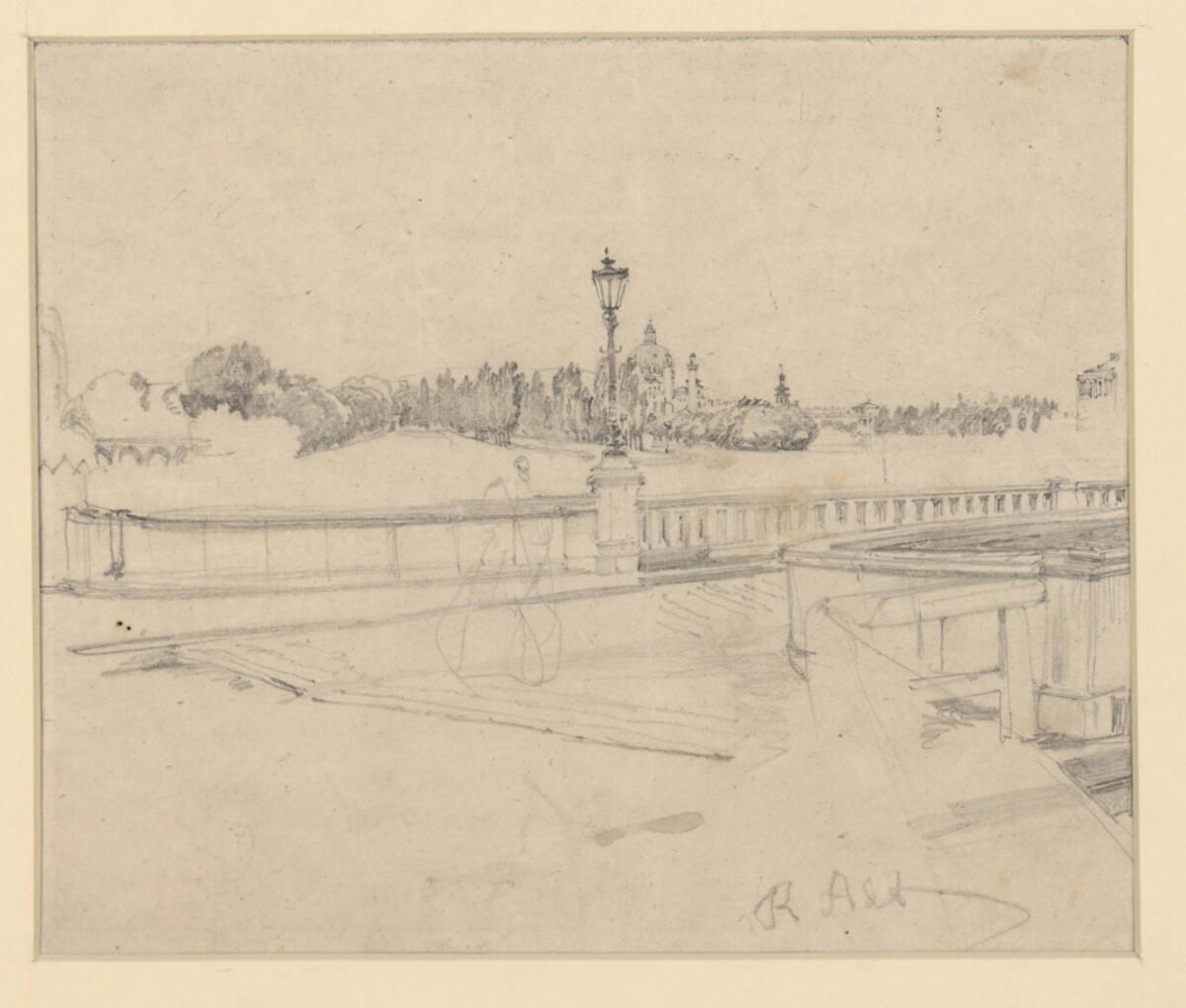 Rudolf von Alt, Blick auf die Karlskirche; im Vordergrund Wienbrücke in unverbautem Glacis, Inv…